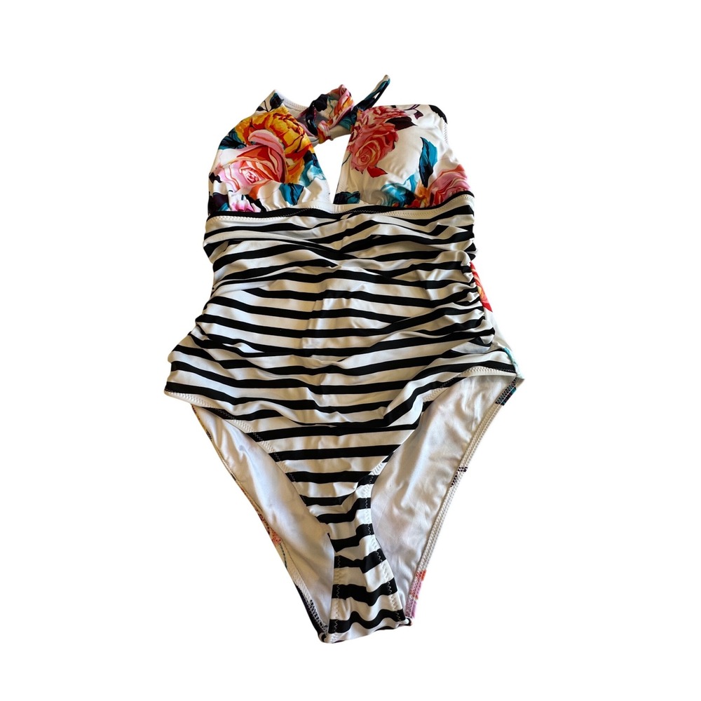 Cupshe Womens Floral and Striped Halter One Piece Swimsuit White Black Large NEW - Picture 2 of 4